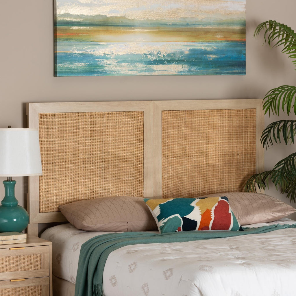 Light Brown Wood and Natural Rattan Queen Size Headboard B4683