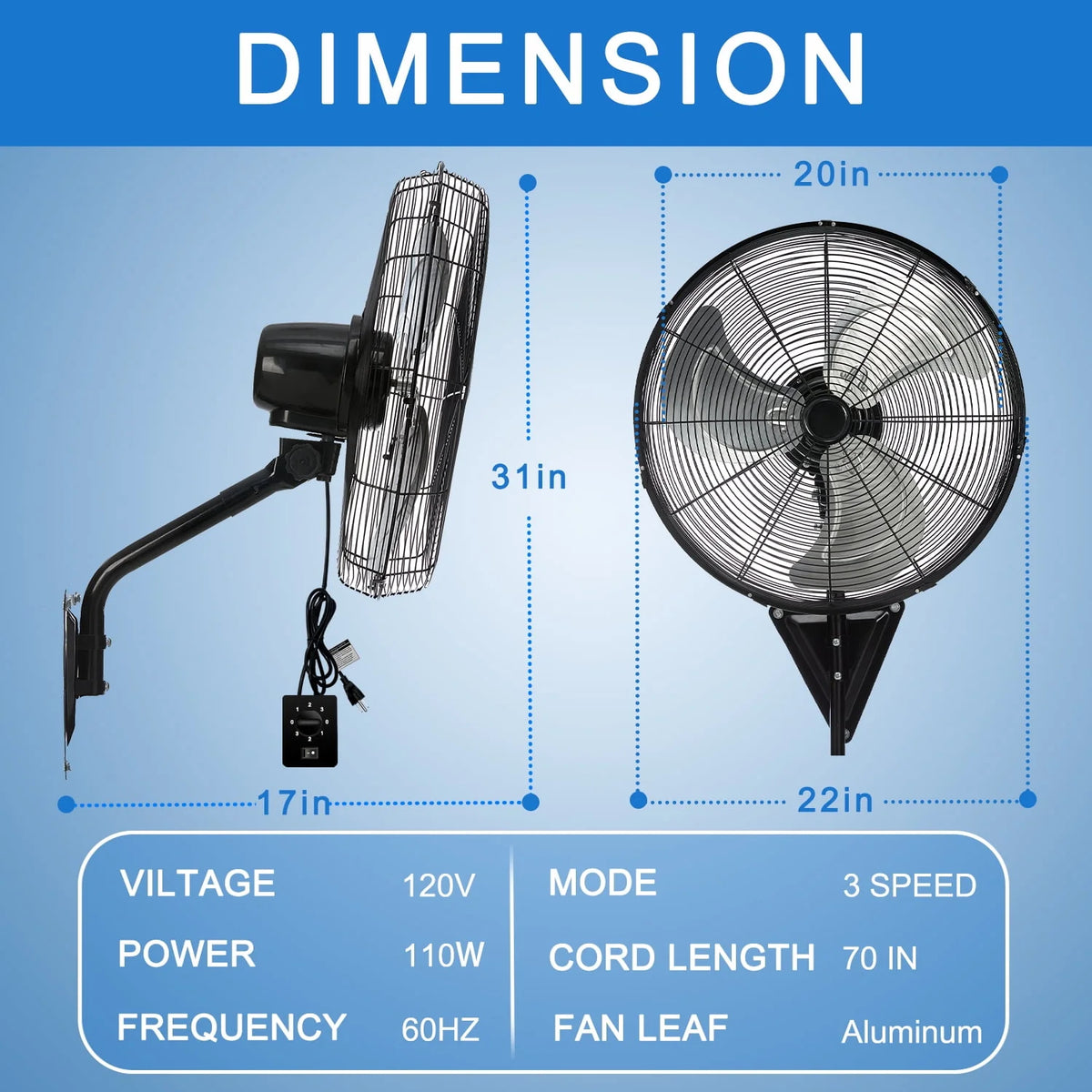 24” Wall Mount 3-Speed Oscillating Fan S280647
