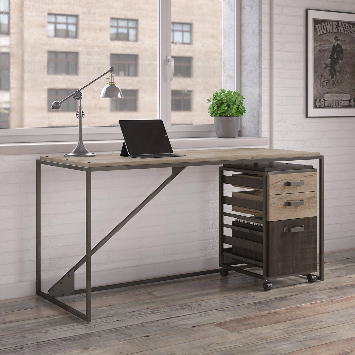 62" Industrial Writing Desk with Mobile File Cabinet R78440