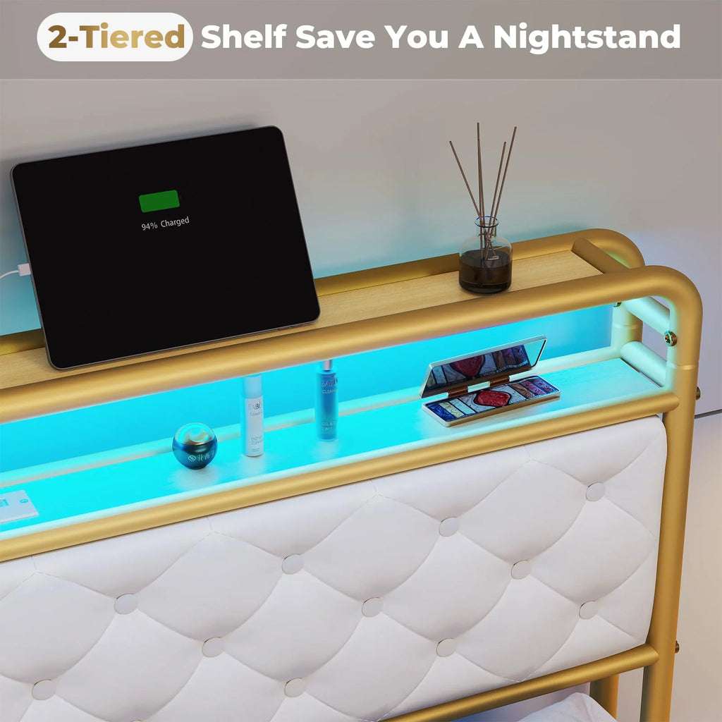 King LED Bed Frame with Power Outlets USB Ports Storage Headboard T5598
