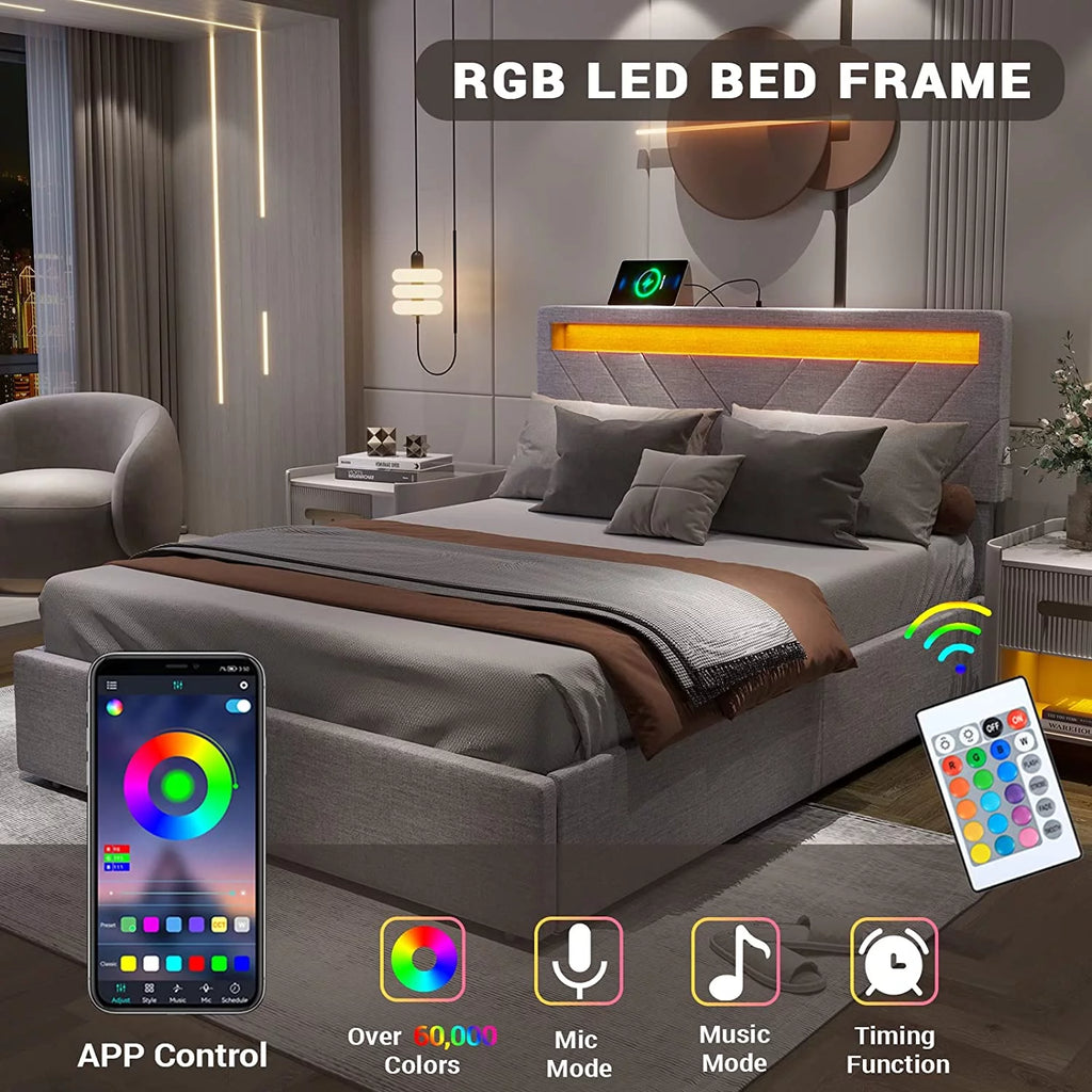 Queen Upholstered Bed Frame with 4 Storage Drawers and USB Charging Station T275