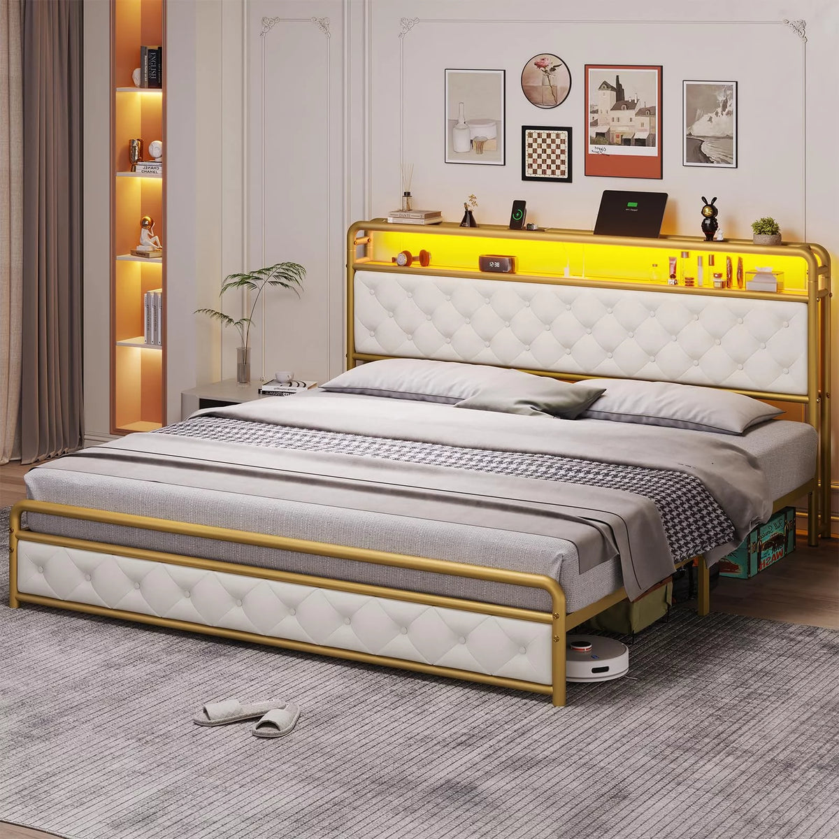 King LED Bed Frame with Power Outlets USB Ports Storage Headboard T5598