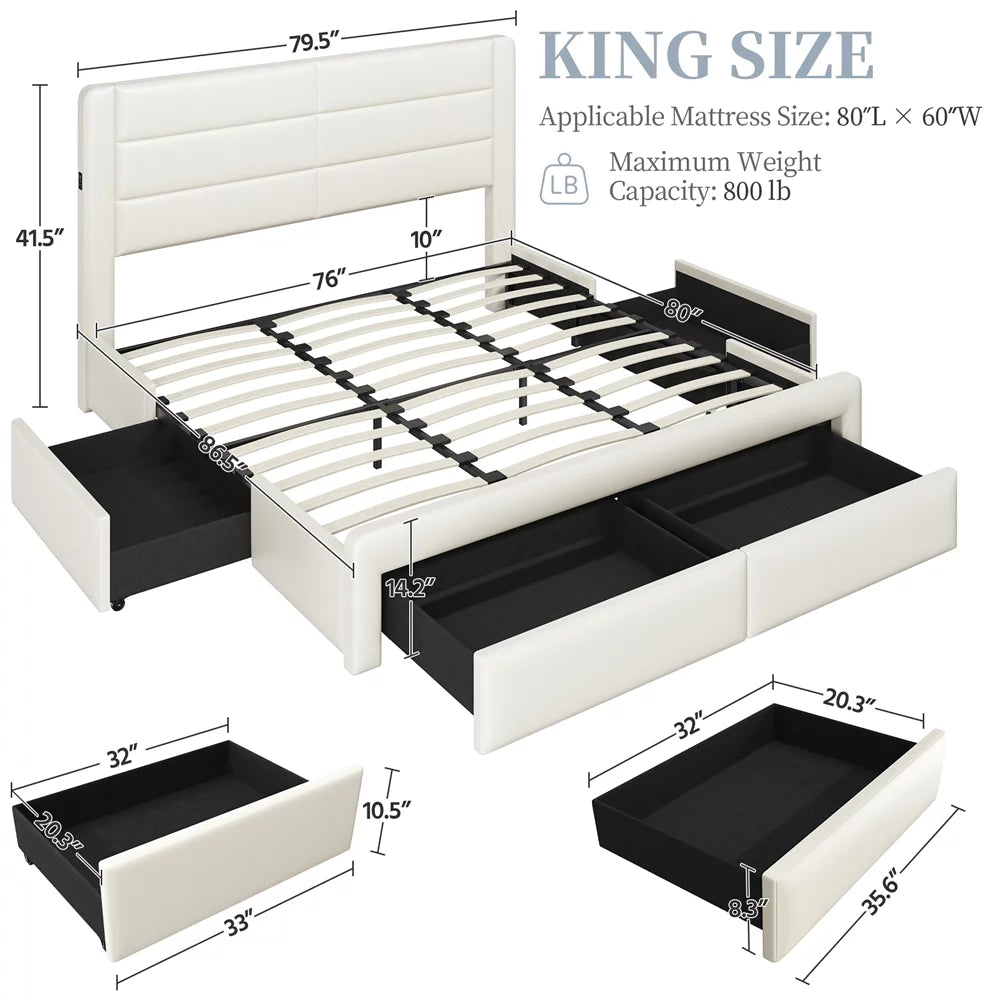 Beige Upholstered Platform Bed with 3 Storage Drawers and USB Ports I230821