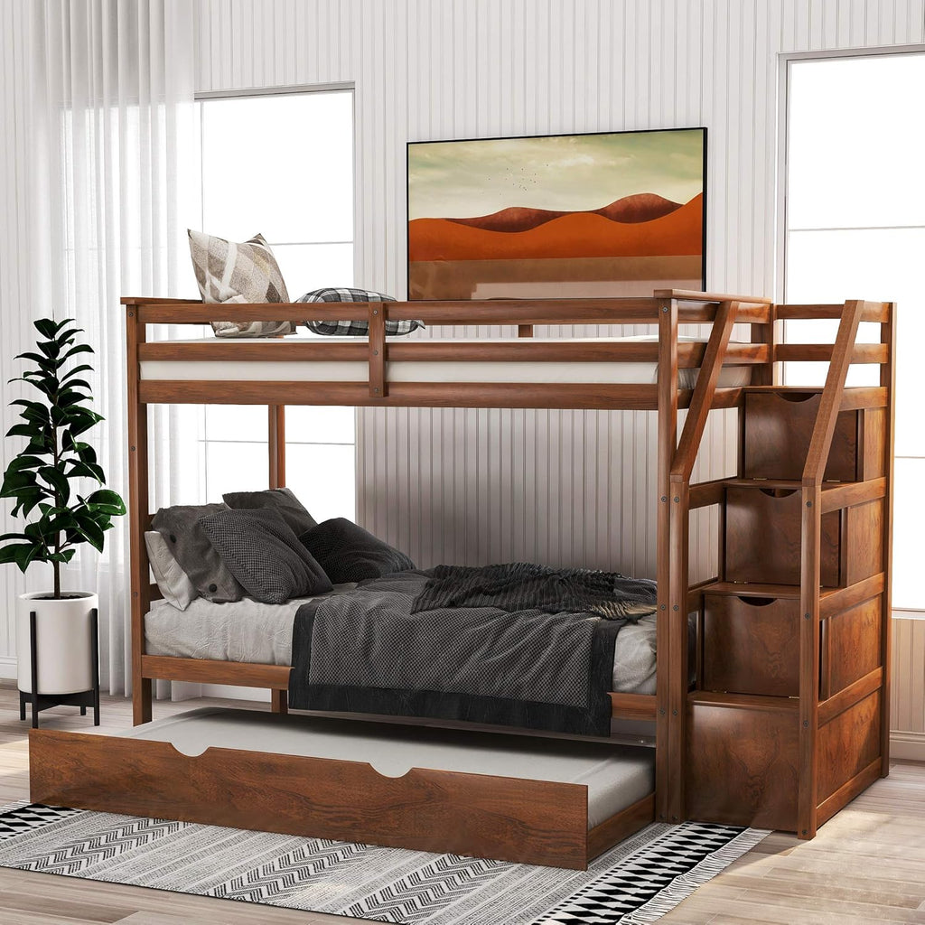Espresso Twin Over Twin Wood Bunk Bed with Trundle and Storage N708