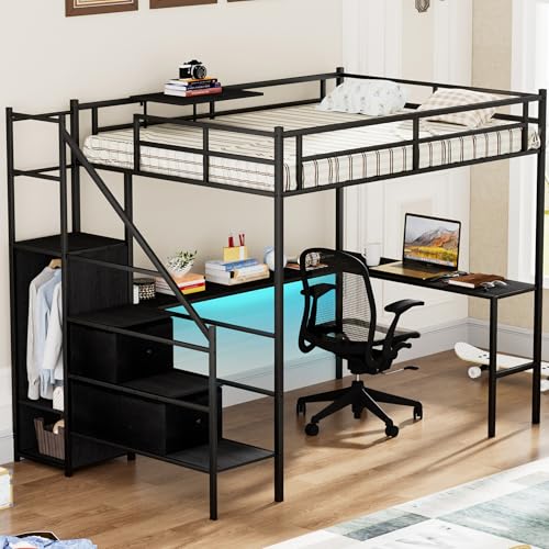 Black Full Size Loft Bed with L-Shaped Desk and Stairs H314556