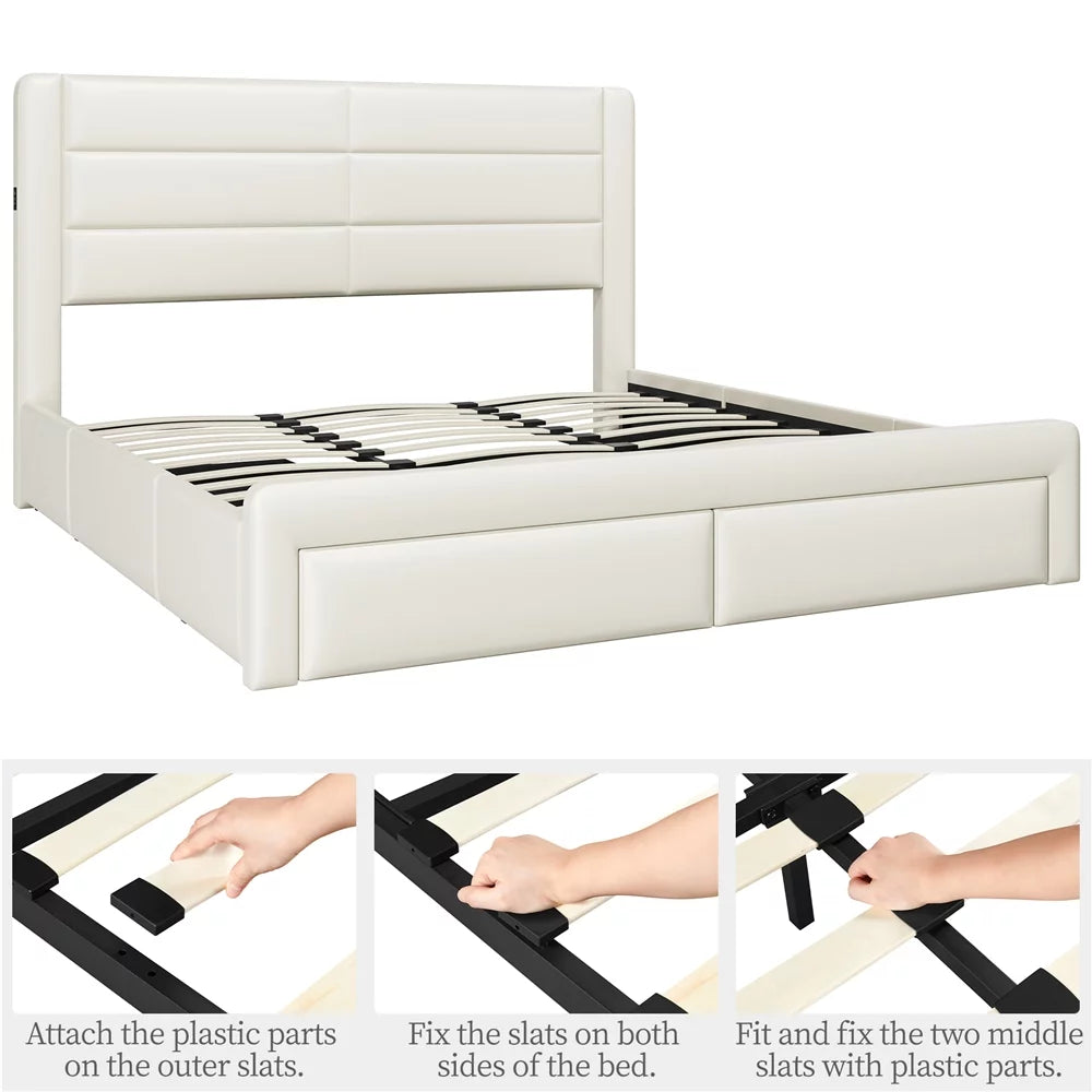 Beige Upholstered Platform Bed with 3 Storage Drawers and USB Ports I230821