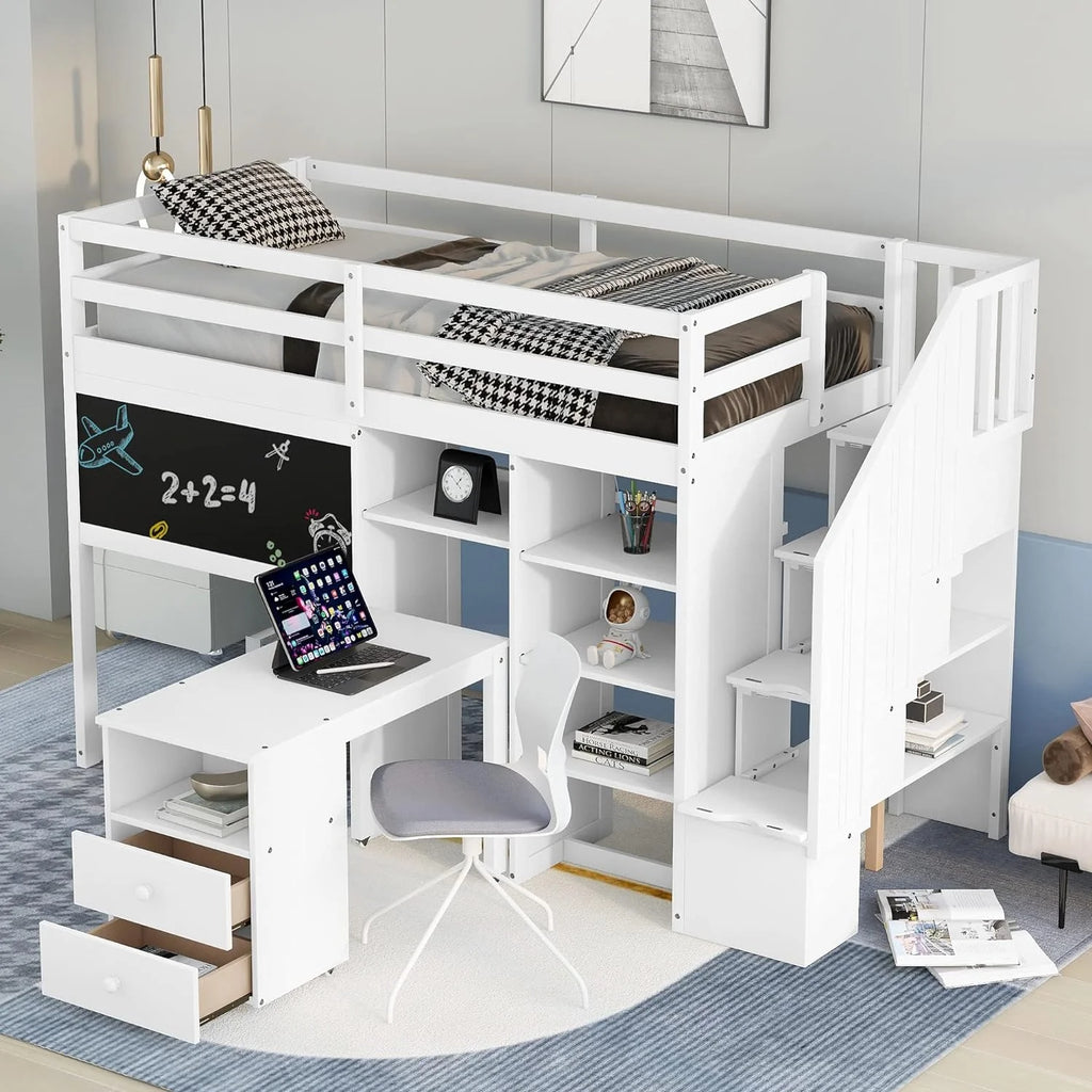 White Wood Loft Bed with Desk Shelves Stairs J366076