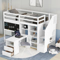 White Wood Loft Bed with Desk Shelves Stairs J366076