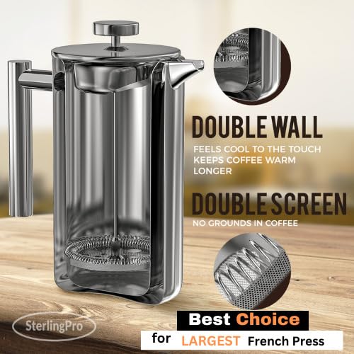 1.75L Double Walled Stainless Steel French Press Coffee Maker with 2 Extra Filters N8223