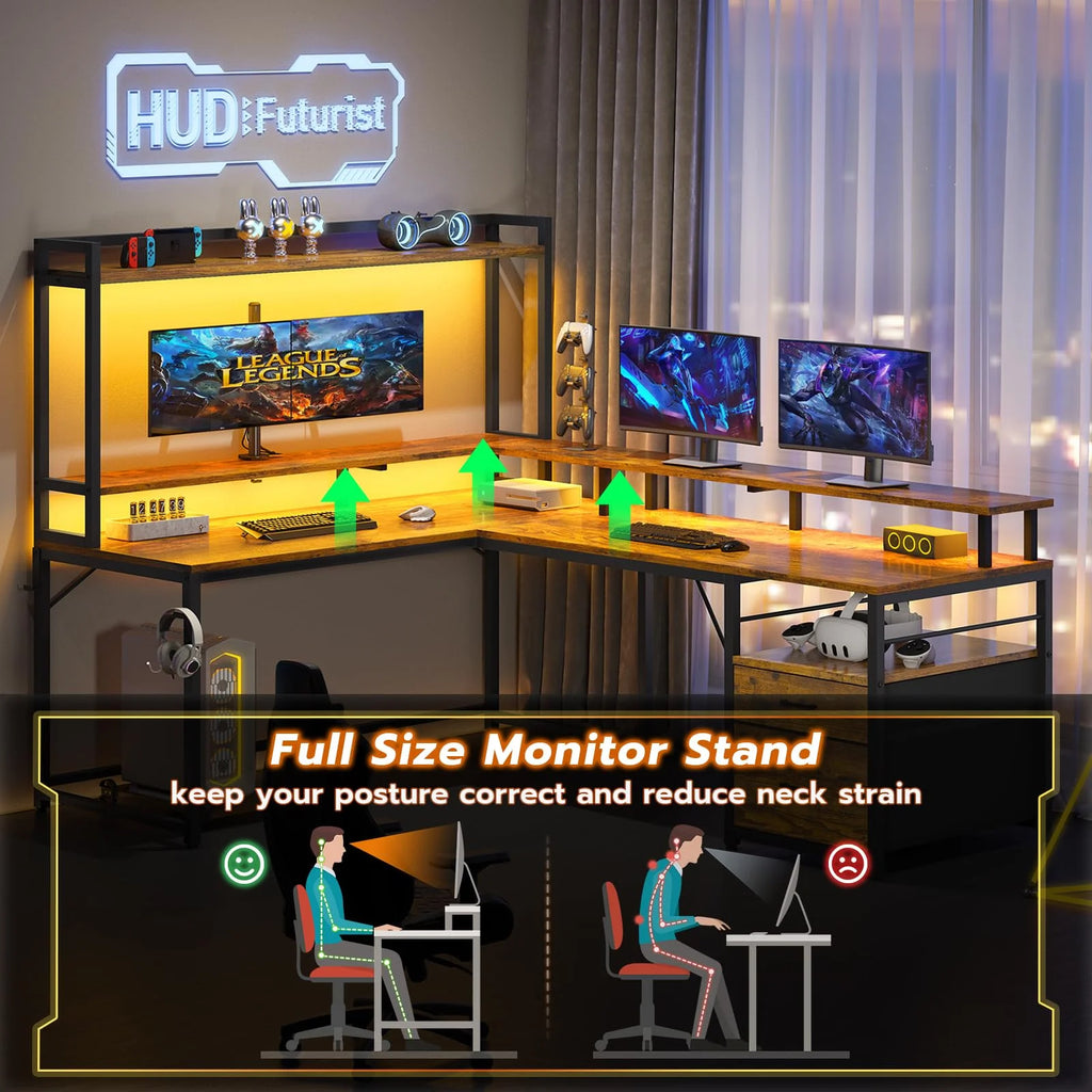 L Shaped Desk with LED Light and File Drawer Q898597