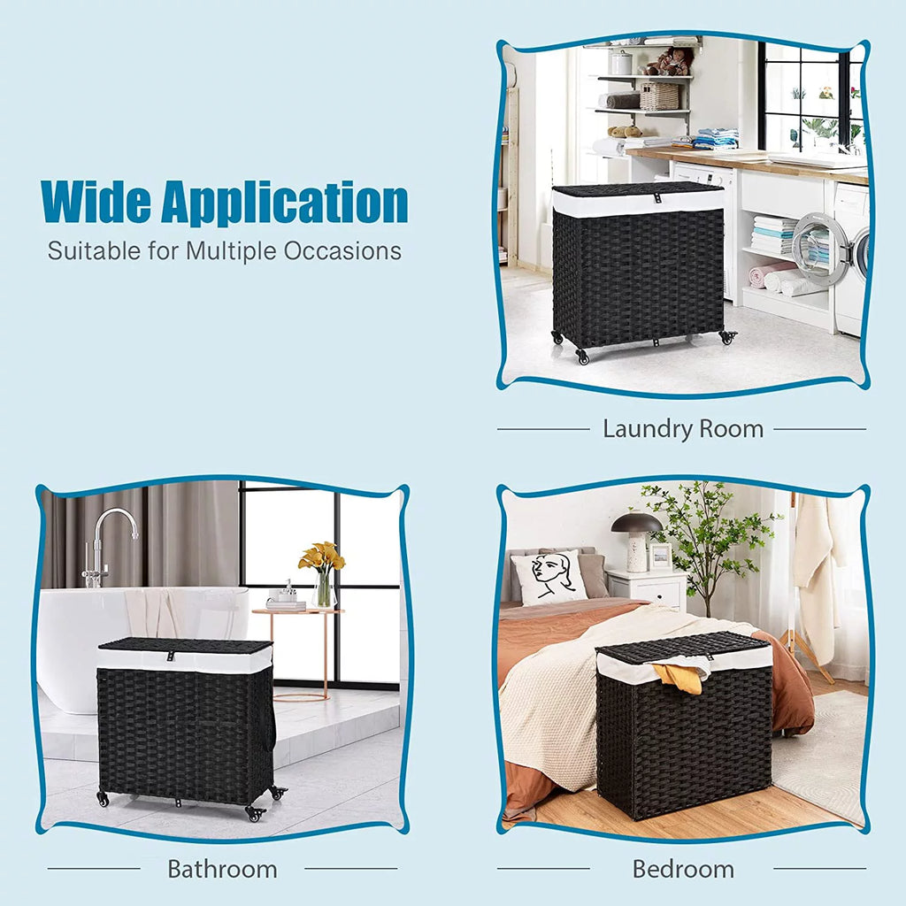 Hand Woven Rattan Laundry Hamper with Lid and Wheels E449256