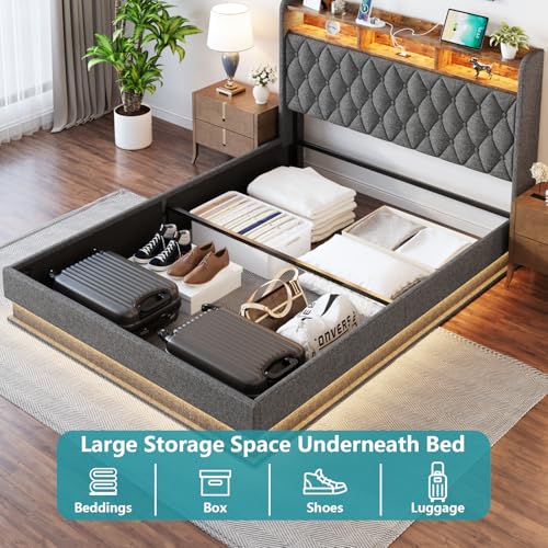 Queen Size Storage Bed Frame with Headboard and LED Lights E77318