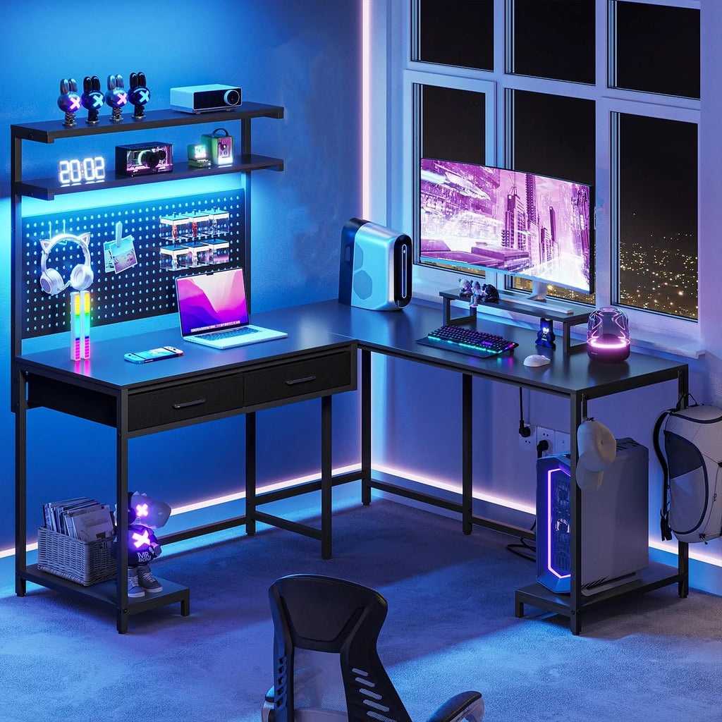 Black L Shaped Desk with LED Lights and Storage Shelves P573