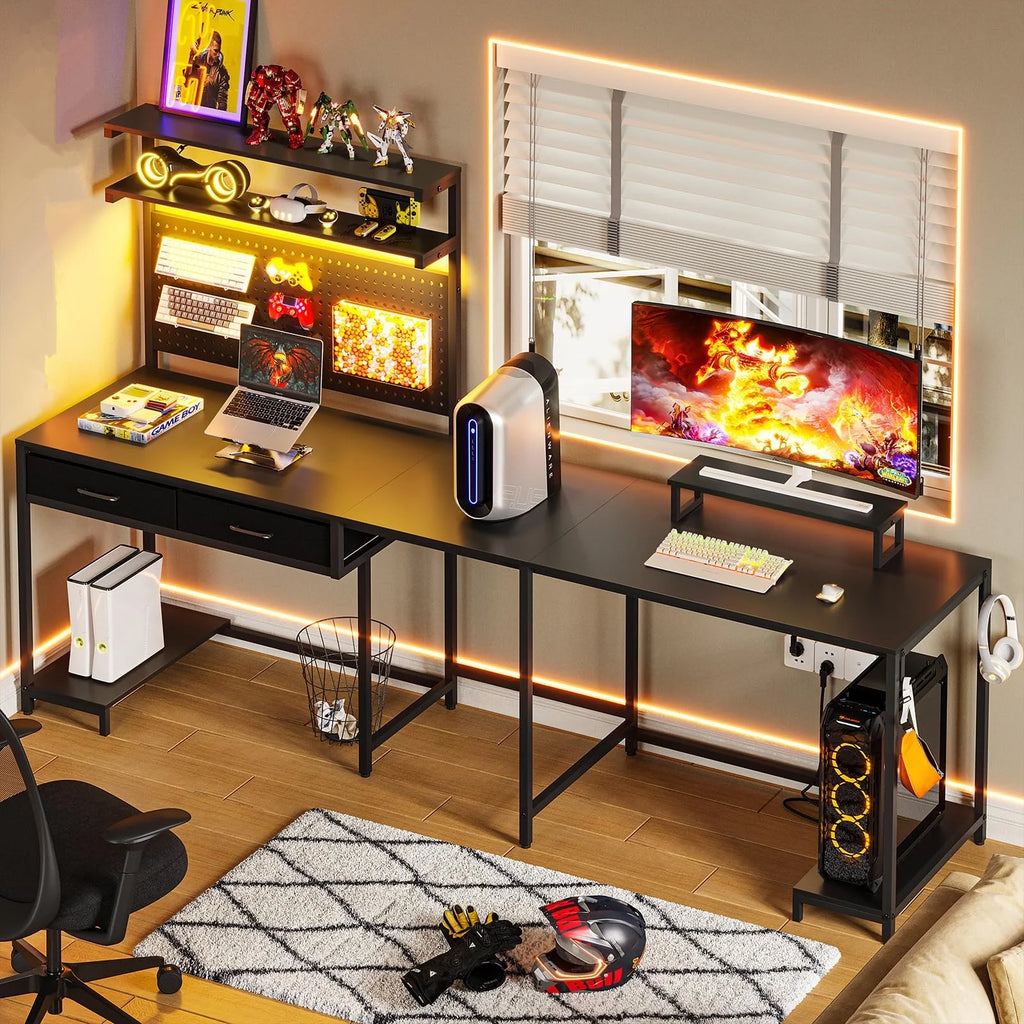 Black L Shaped Desk with LED Lights and Storage Shelves P573
