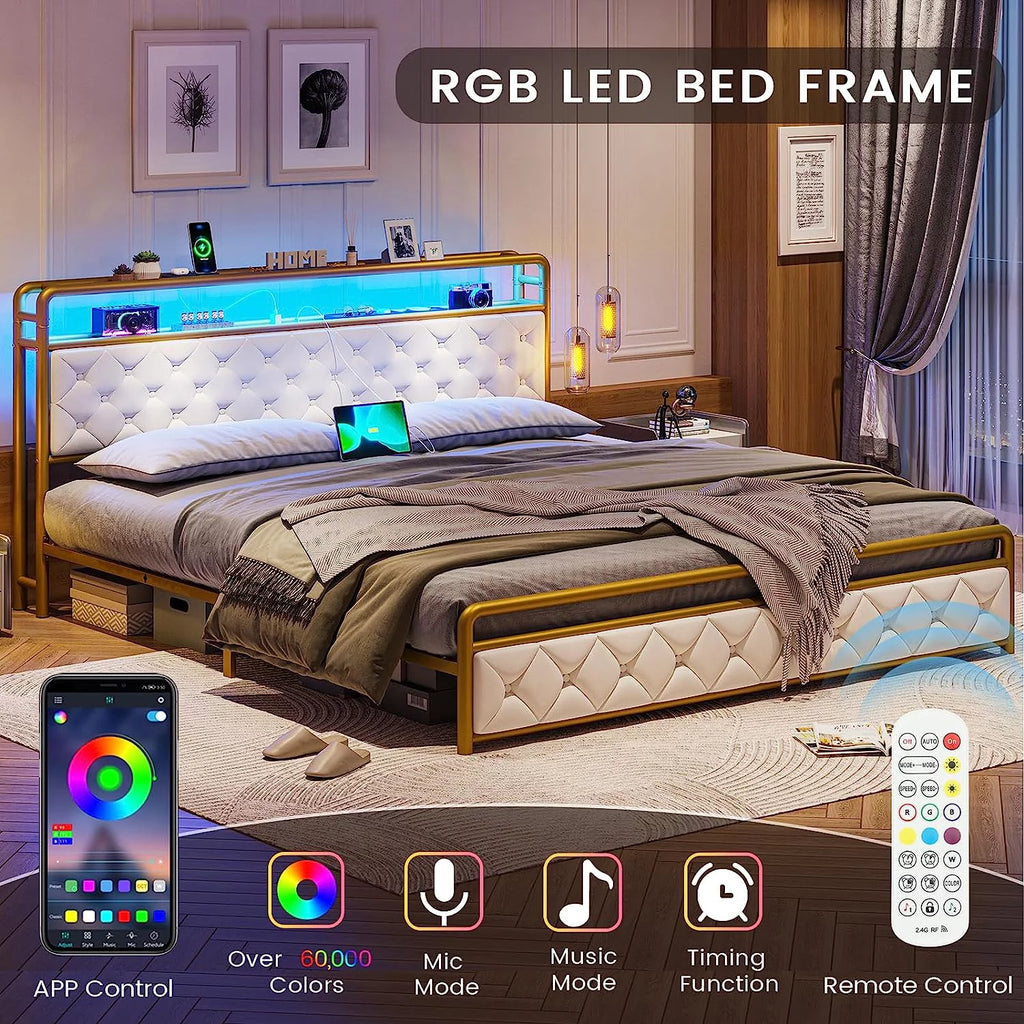 King LED Bed Frame with Power Outlets USB Ports Storage Headboard T5598