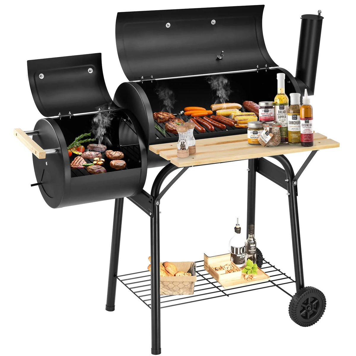 Charcoal Grill, 45.28-Inch Portable Offset Smoker with Wheels & Thermometer D663703