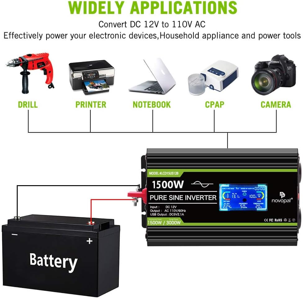 1500 watt Pure Sine Wave Power Inverter 12V to 110V/120V 4 AC Outlets B492813