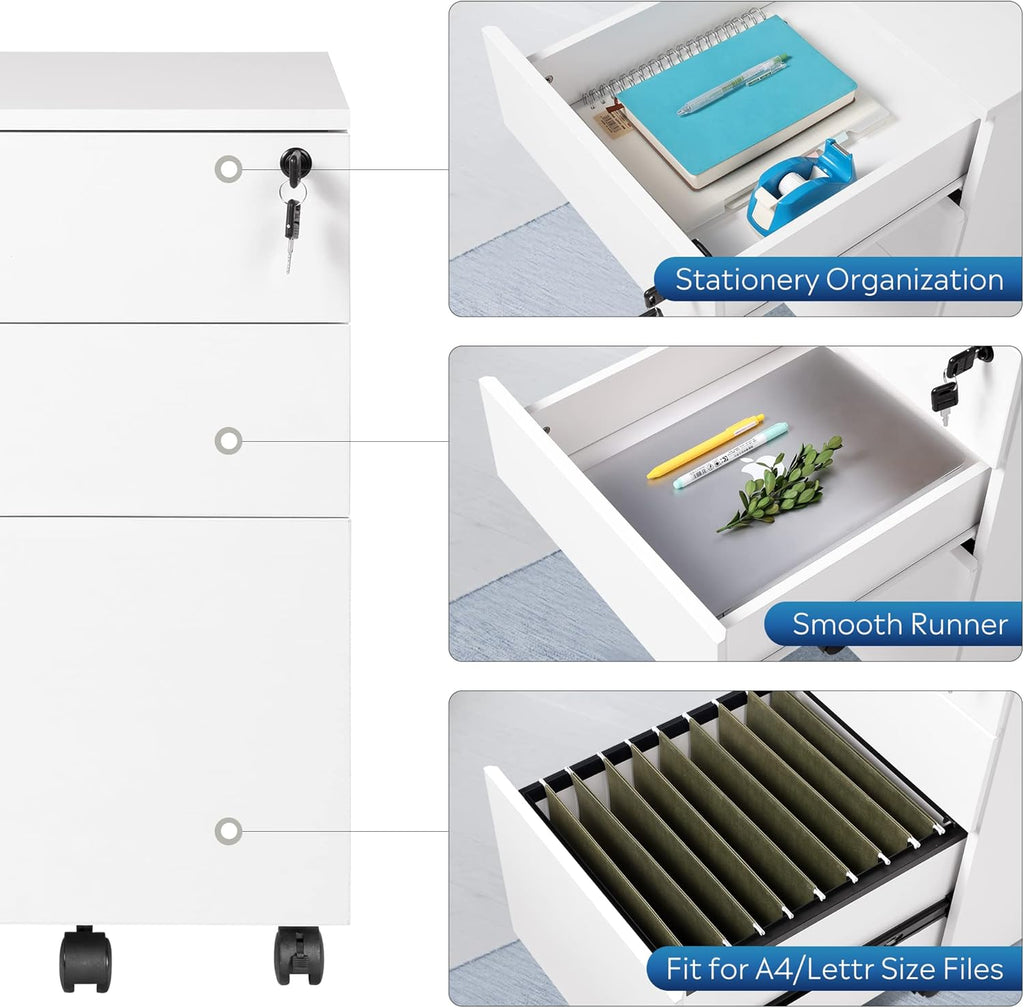 White 3 Drawer Wood Rolling File Cabinet with Lock X97905