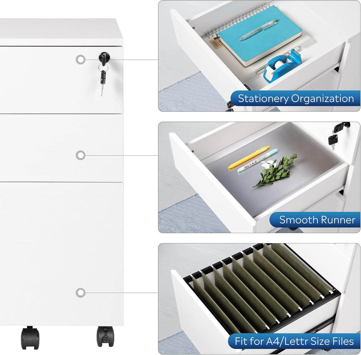 White 3 Drawer Wood Rolling File Cabinet with Lock X97905
