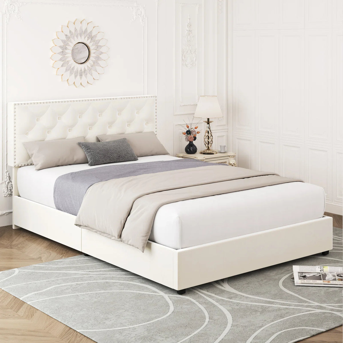 Queen Size Off-White Upholstered Storage Bed with 4 Drawers E152