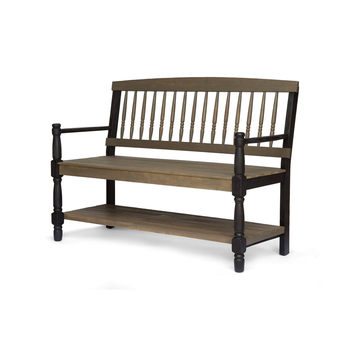Gray Acacia Wood Outdoor Bench with Shelf A91736