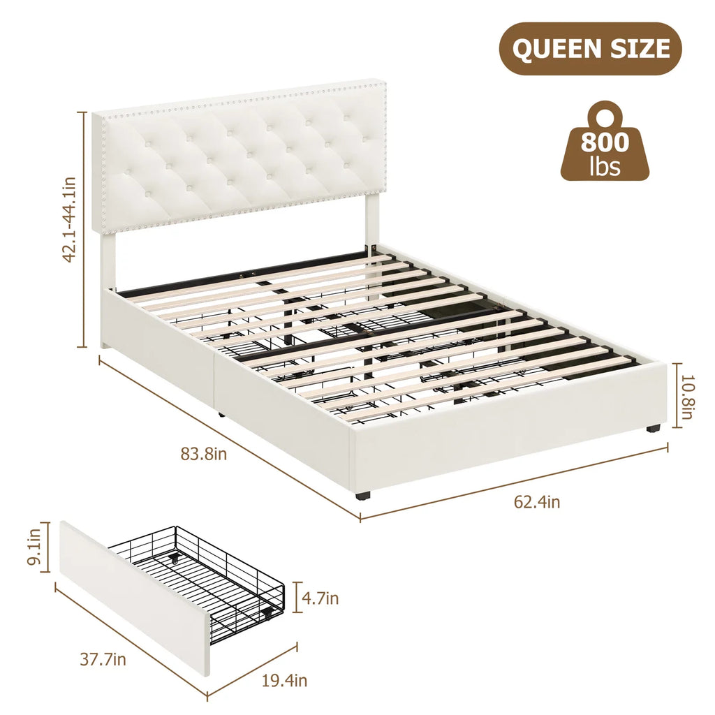 Queen Size Off-White Upholstered Storage Bed with 4 Drawers E152