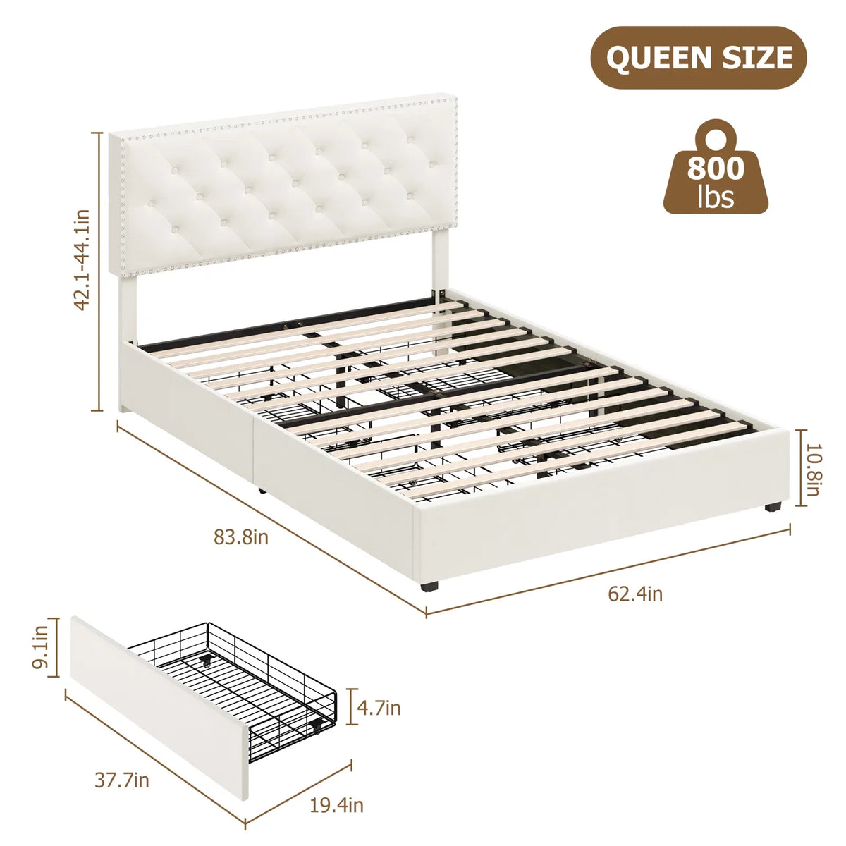 Queen Size Off-White Upholstered Storage Bed with 4 Drawers E152