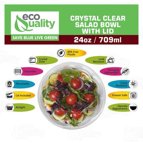 24oz Clear Disposable Plastic Salad Bowls with Lids Z882