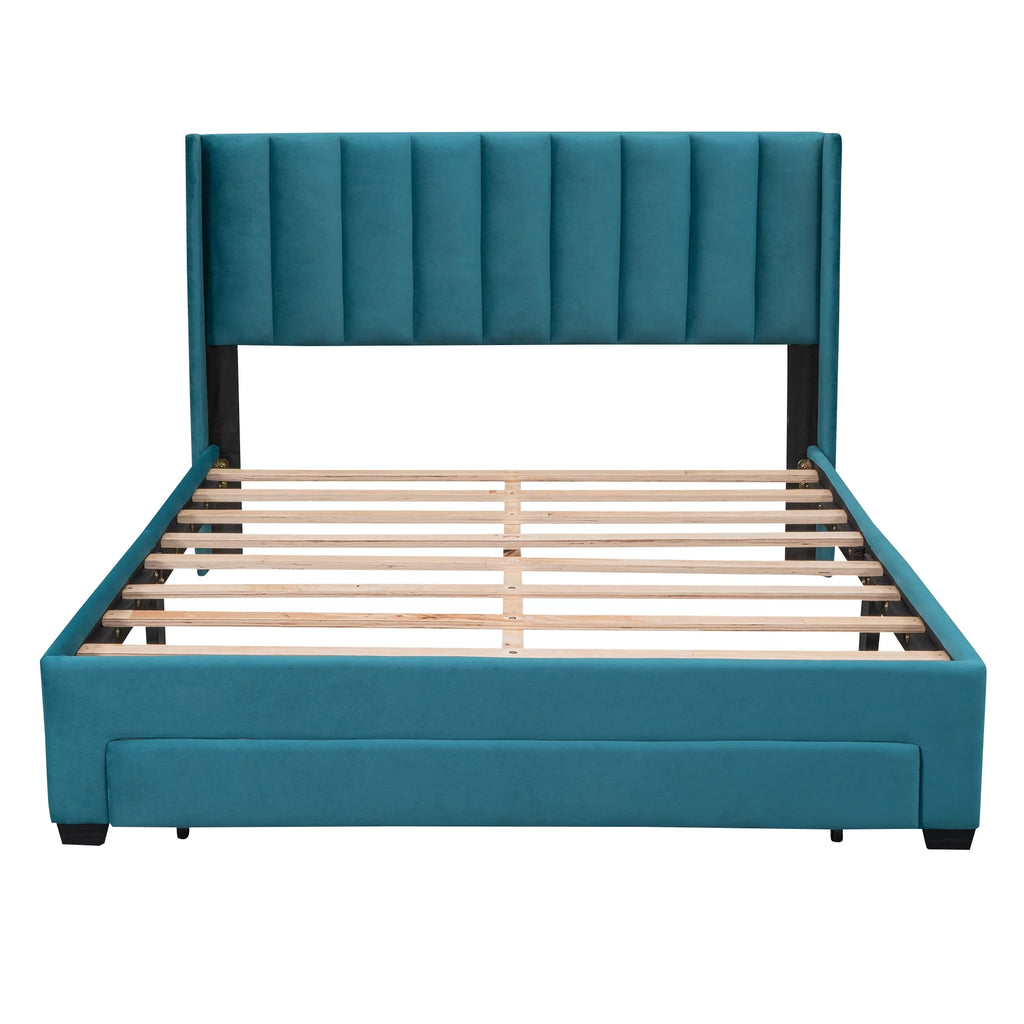 Queen Size Velvet Upholstered Platform Bed with Storage and Headboard A450437