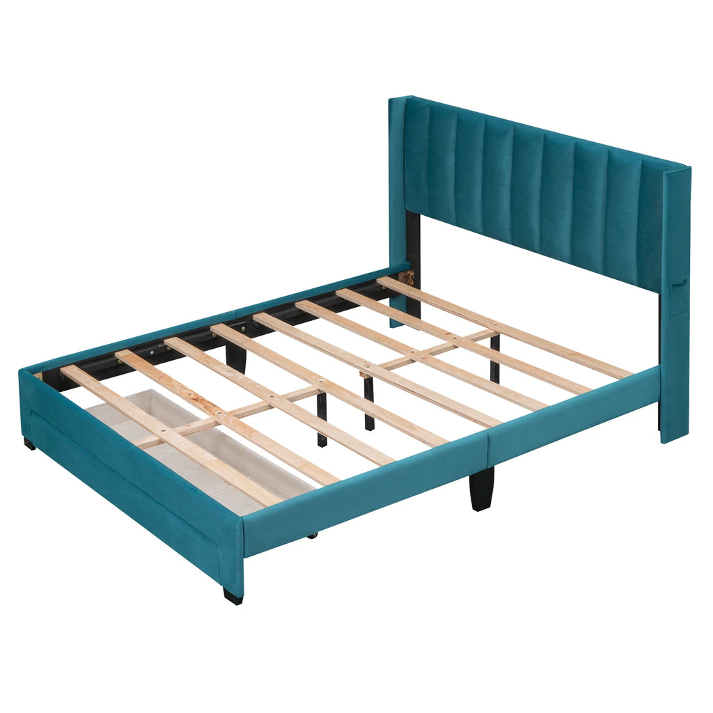 Queen Size Velvet Upholstered Platform Bed with Storage and Headboard A450437