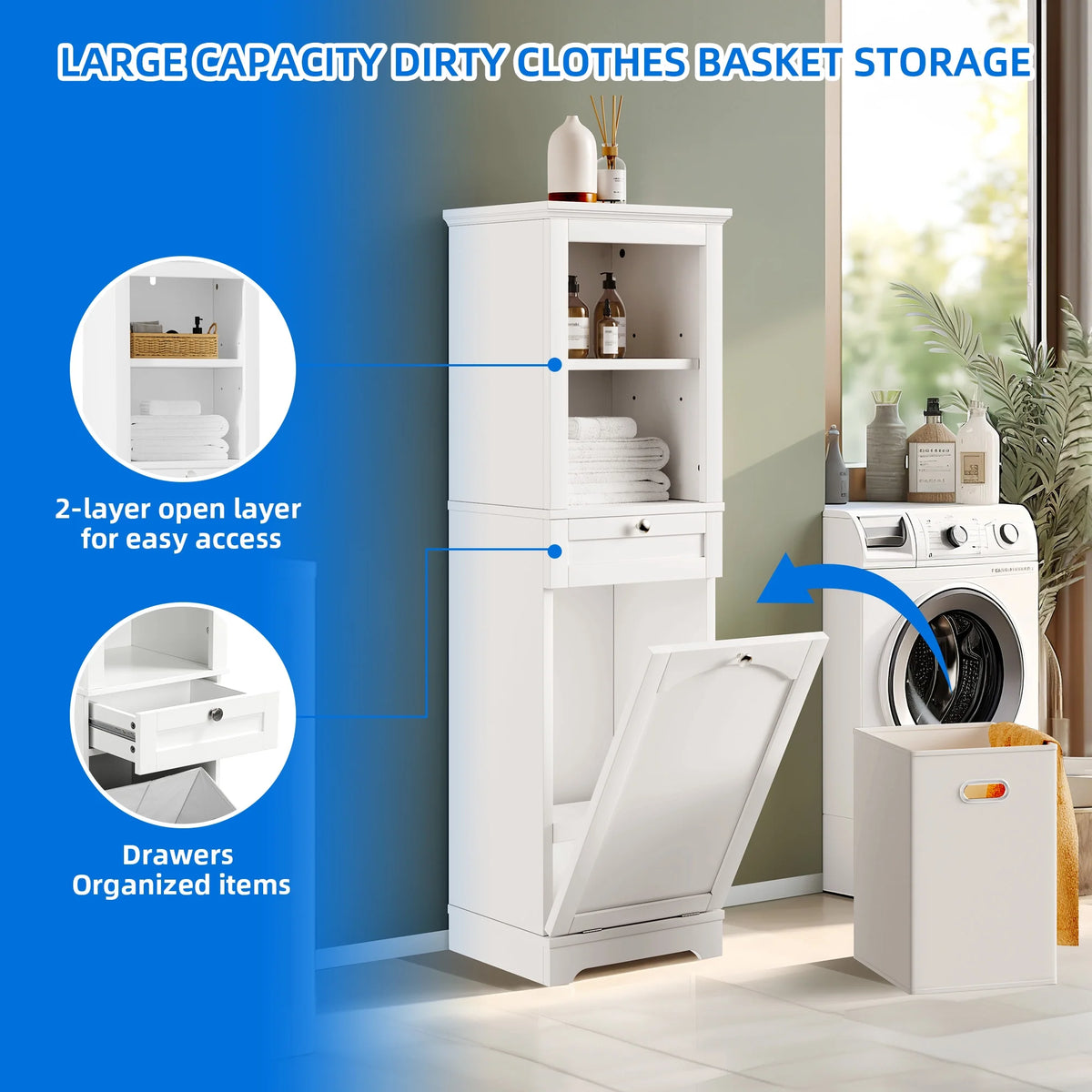 White Tilt Out Laundry Cabinet with Basket C1465