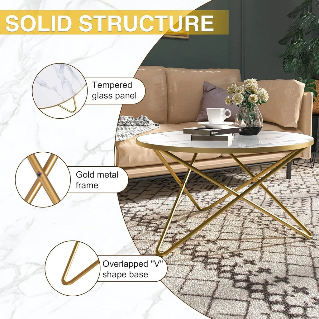Round Coffee Table with White Faux Marble Top J570