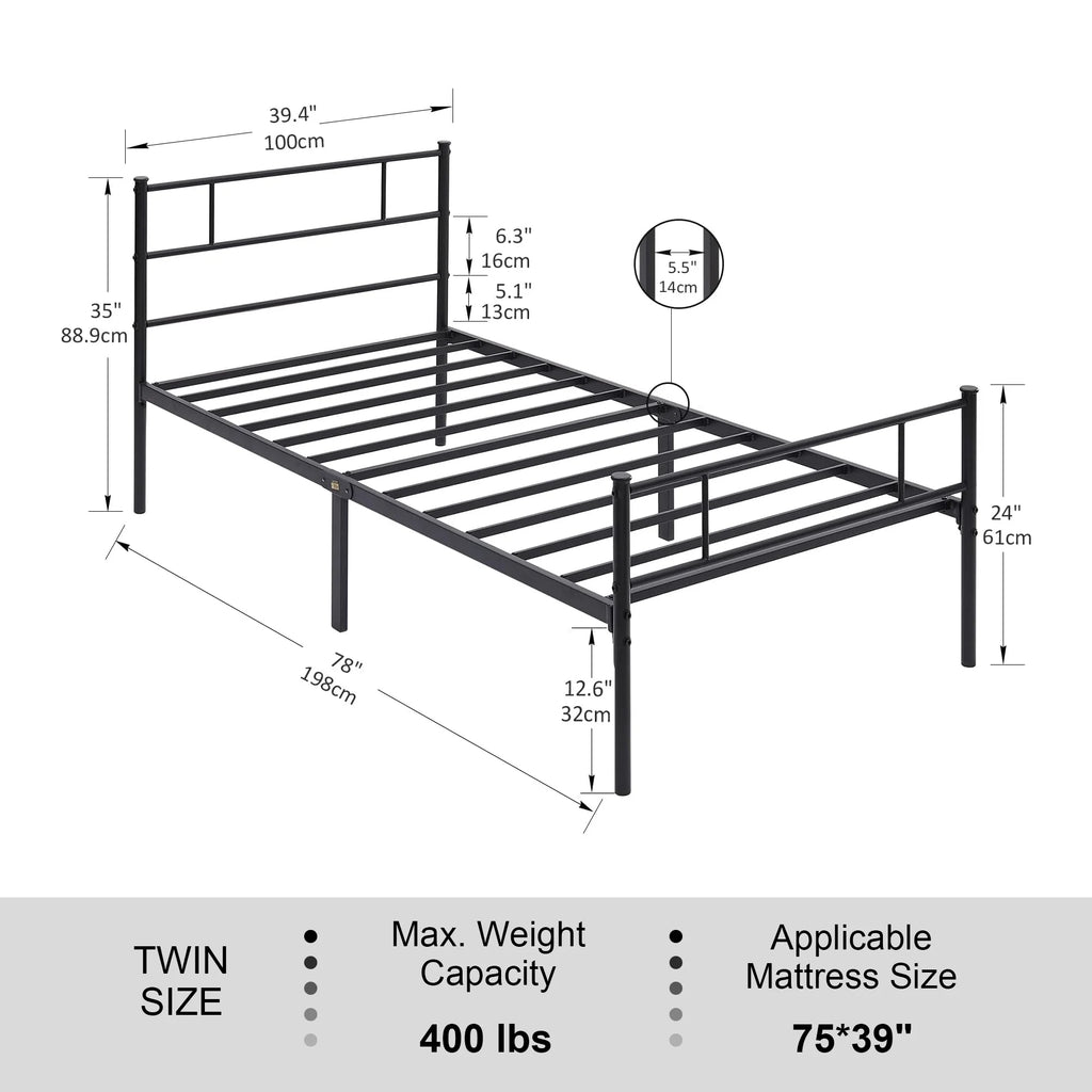 Twin Size Black Metal Platform Bed Frame with Headboard and Footboard E63423