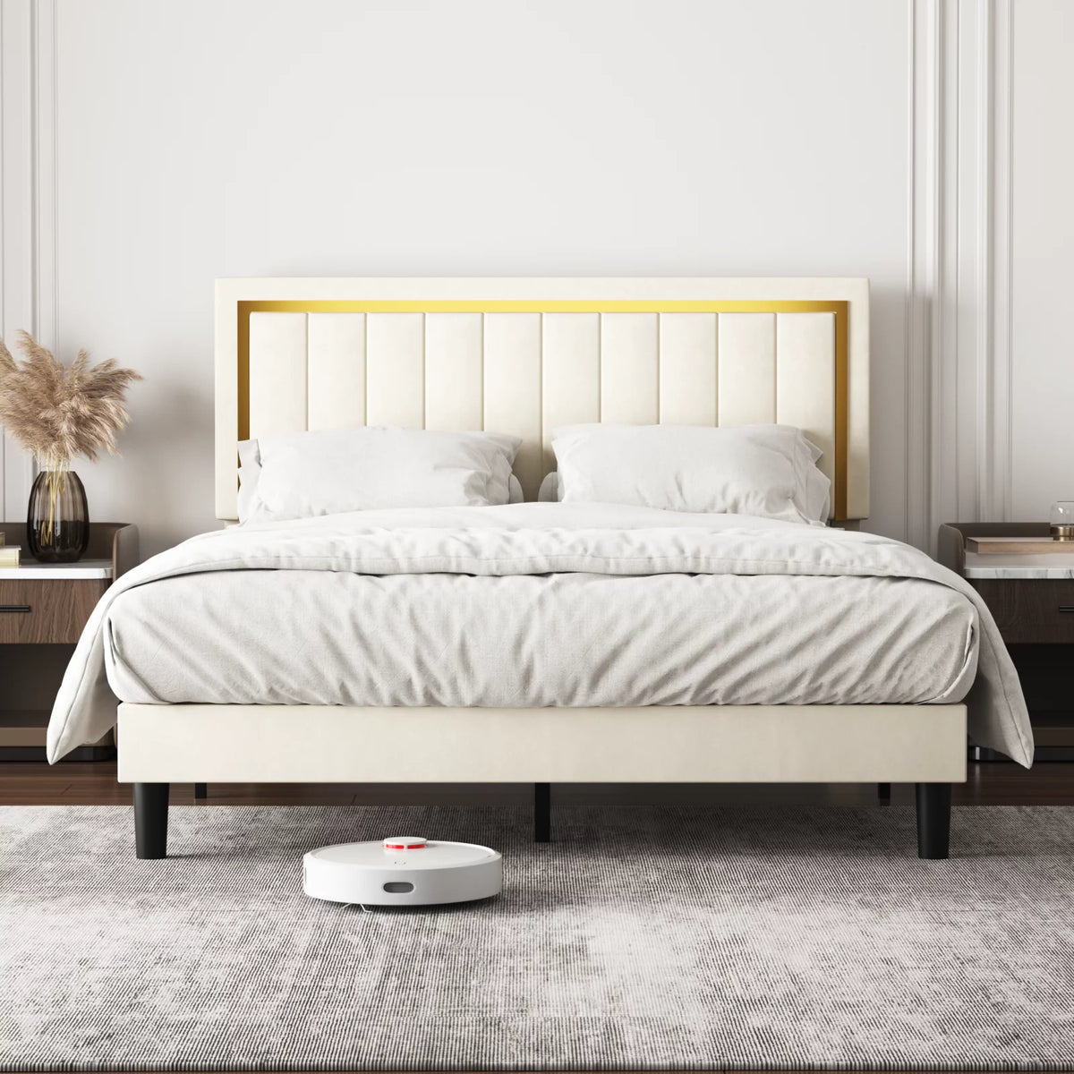Queen Velvet Platform Bed with Adjustable Headboard I93072