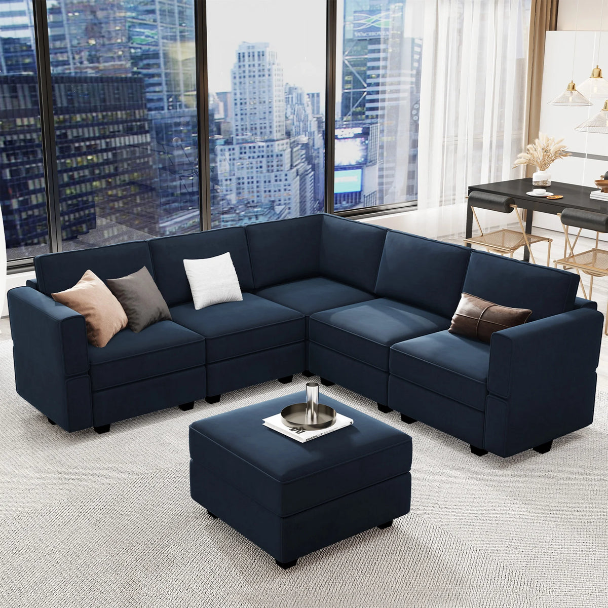 Blue Velvet L Shaped Sectional Sofa with Storage M9316