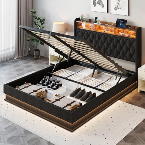 Queen Size Storage Bed Frame with Headboard and LED Lights E77318
