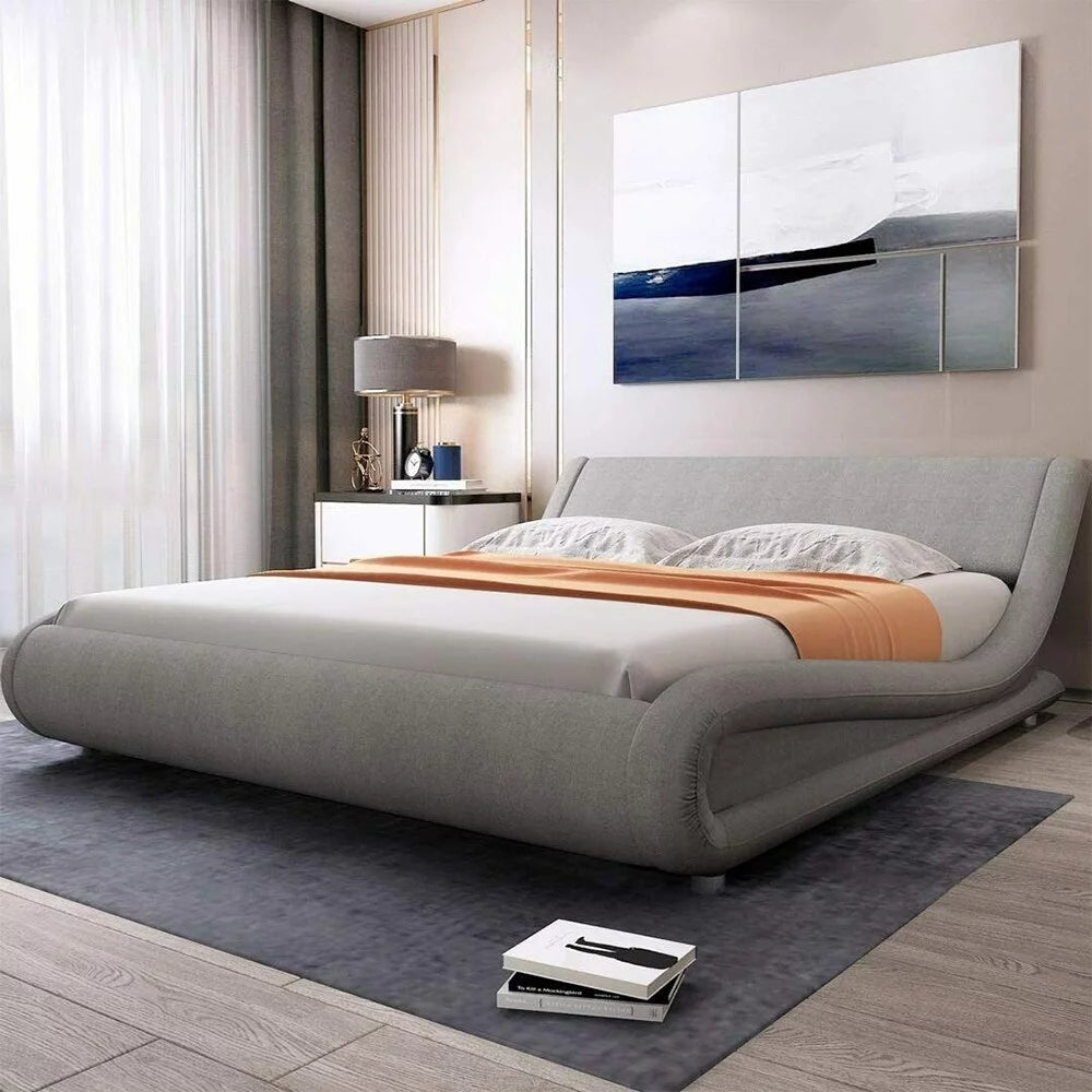 Queen Size Bed Frame with Curved Adjustable Headboard Grey J806257
