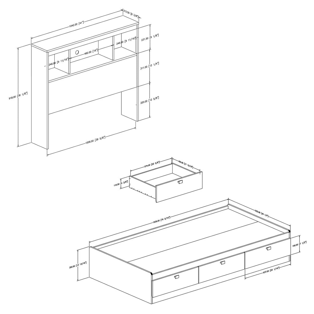 Twin 3-Drawer Storage Bed with Bookcase Headboard H3240