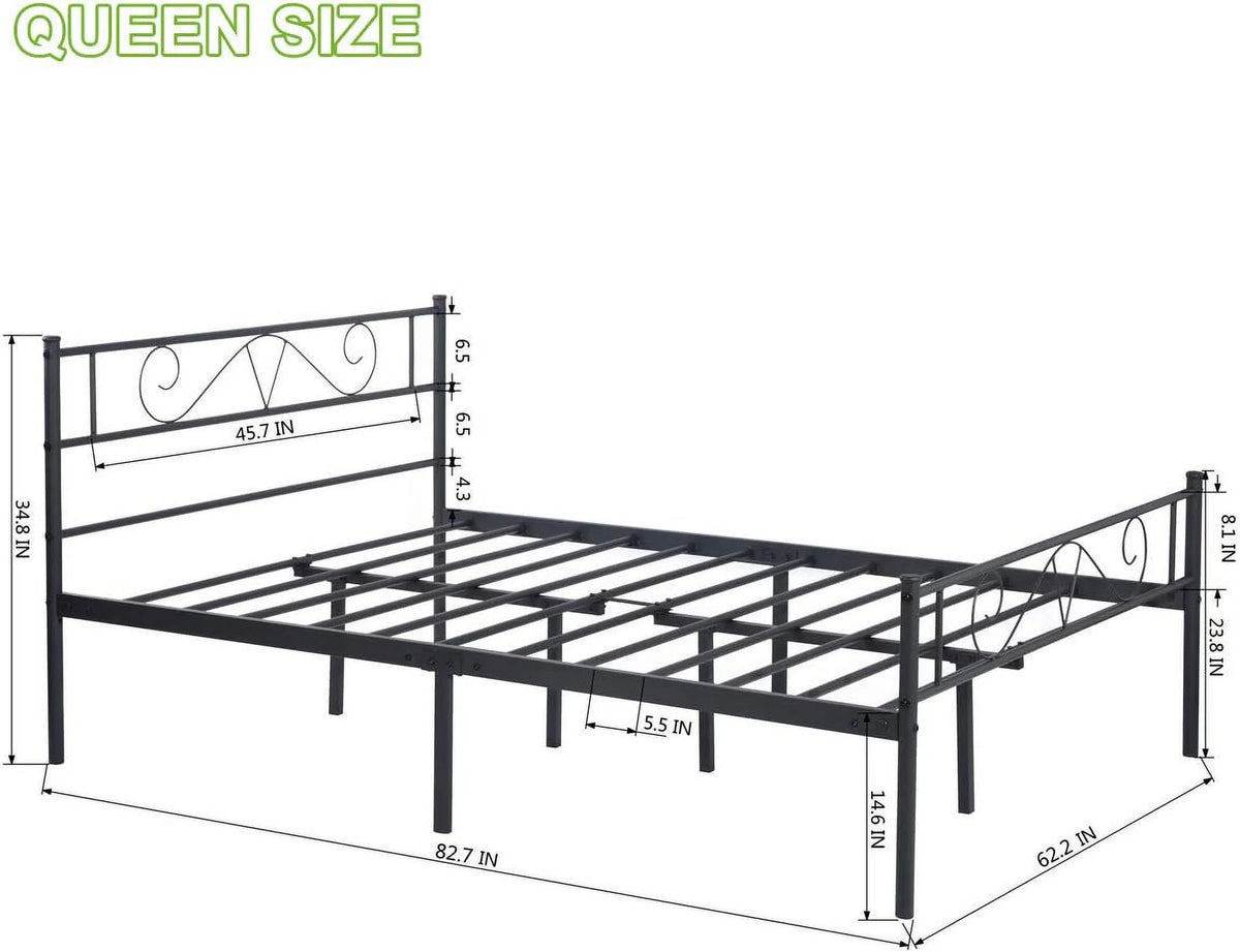 Queen Size Metal Platform Bed Frame with Headboard D93964