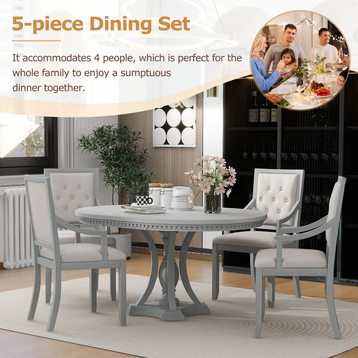 5 Piece Gray Wood Round Dining Table Set with 4 Upholstered Chairs X9355