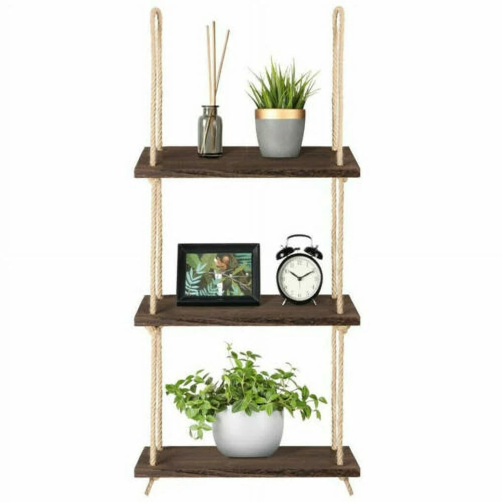 Rustic Wooden 3 Tiers Wall Hanging Rope Shelf Y340532