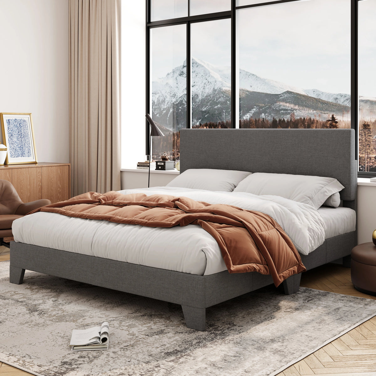 Queen Size Platform Bed with Adjustable Leather Headboard C762