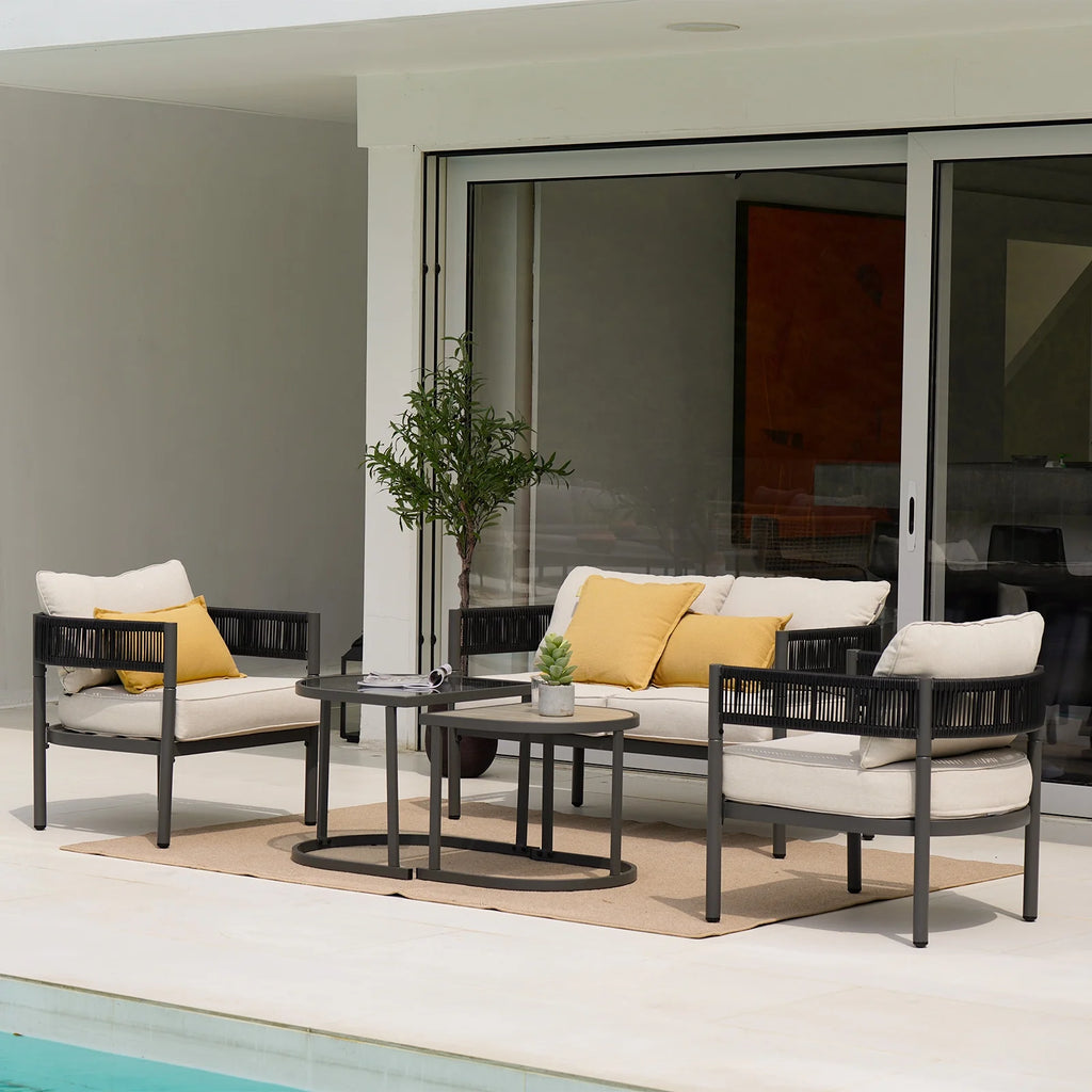 5-Piece Woven Wicker Outdoor Conversation Set with Cushions and Nested Table F819