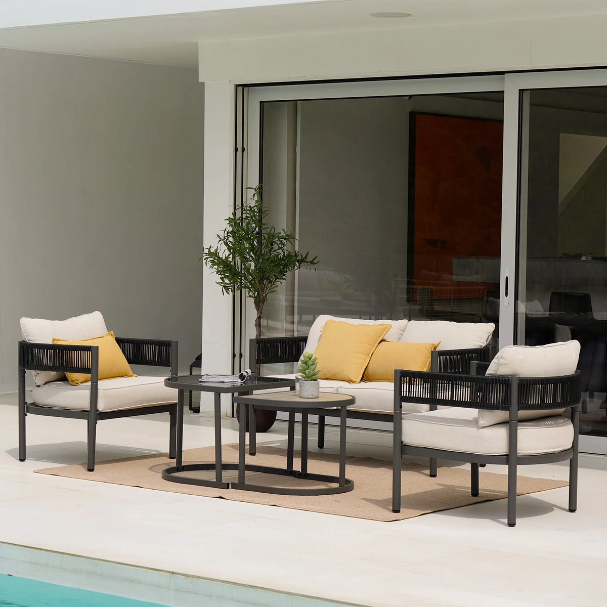 5-Piece Woven Wicker Outdoor Conversation Set with Cushions and Nested Table F819