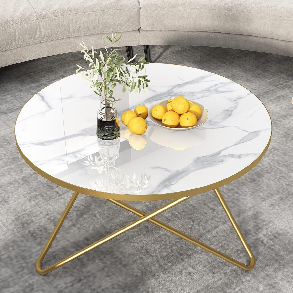 Round Coffee Table with White Faux Marble Top J570