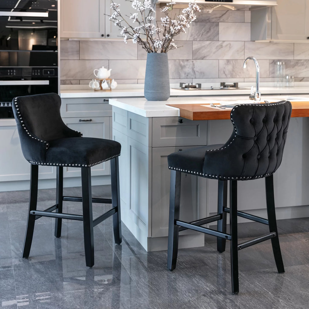 Black Velvet Upholstered Bar Stools Set of 2 Y828