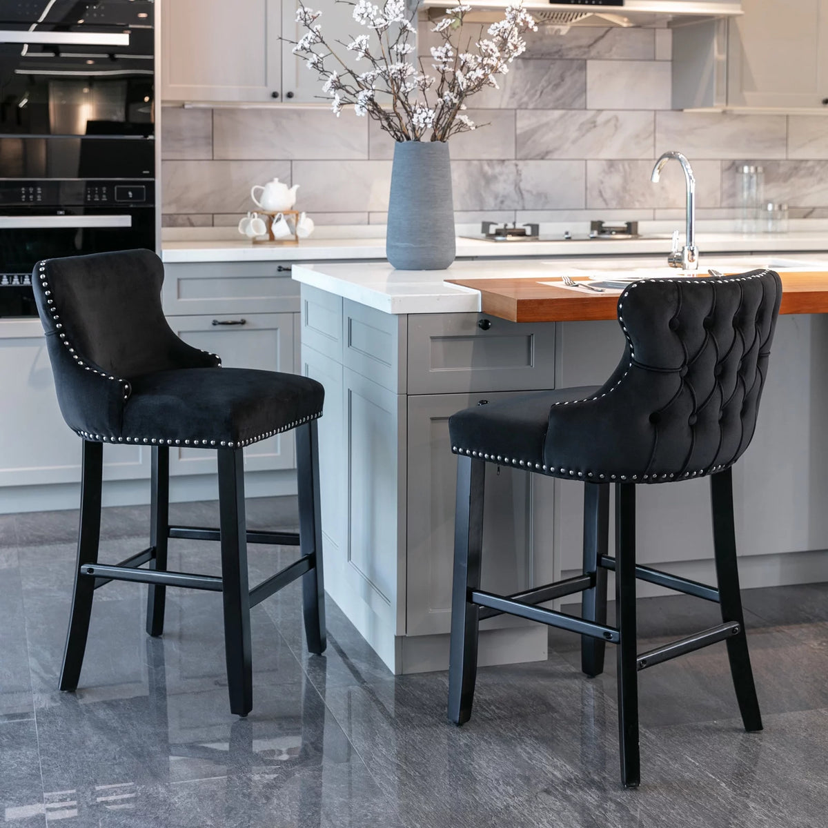 Black Velvet Upholstered Bar Stools Set of 2 Y828