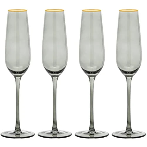 8.5 Ounce Smoked Gold Rim Champagne Flutes Set of 4 S661