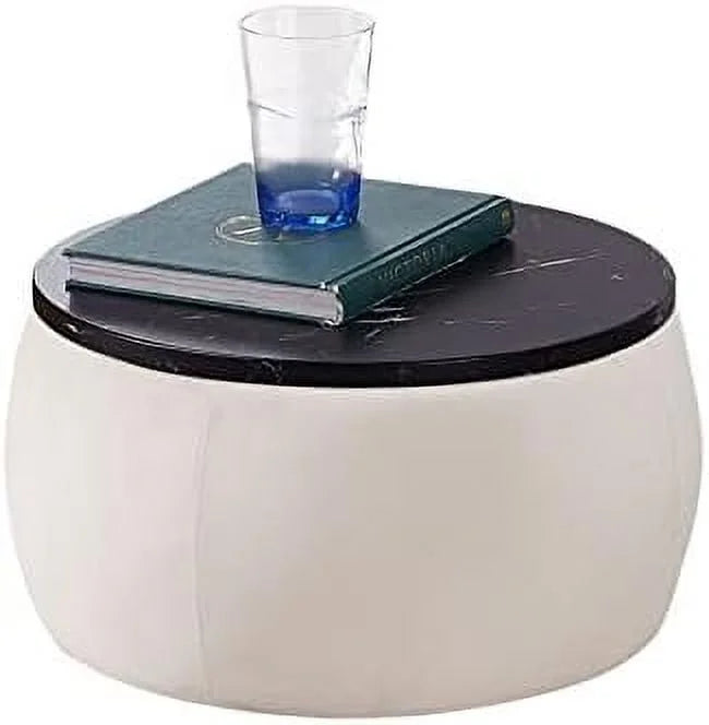 Round Ottoman Coffee Table with Wooden Lid Faux Marble Texture Top C22085