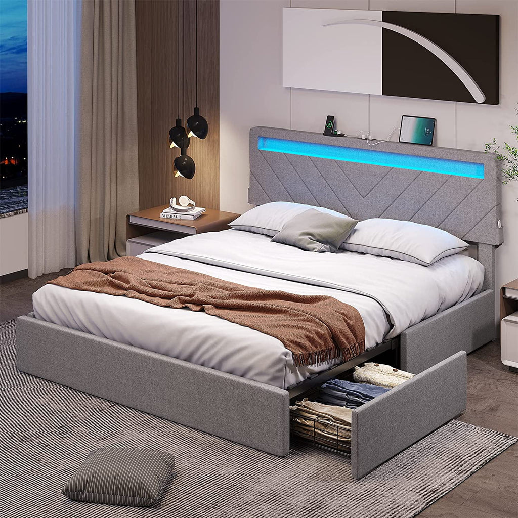 Queen Upholstered Bed Frame with 4 Storage Drawers and USB Charging Station T275